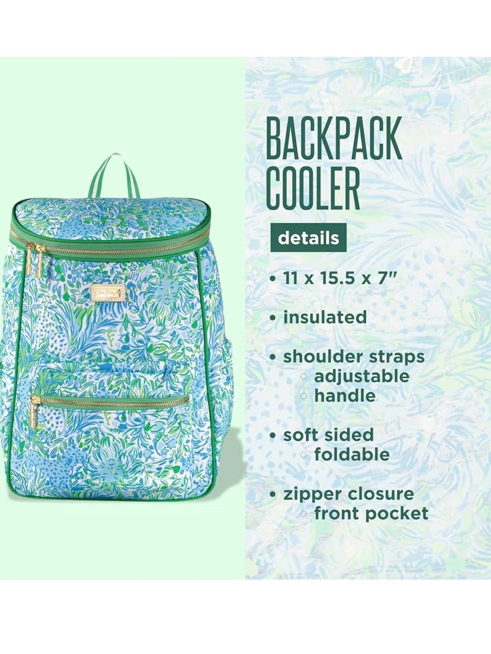 Lilly Pulitzer Blue & Green Floral Insulated Backpack Cooler Soft Bag - New - Picture 4 of 8